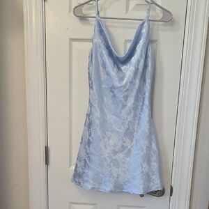 Lulu's Light Blue Satin Floral Jacquard Slip Dress